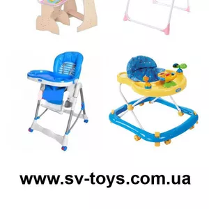 Парты детские,  стульчики для кормления,  ходунки,  шезлонги качалки