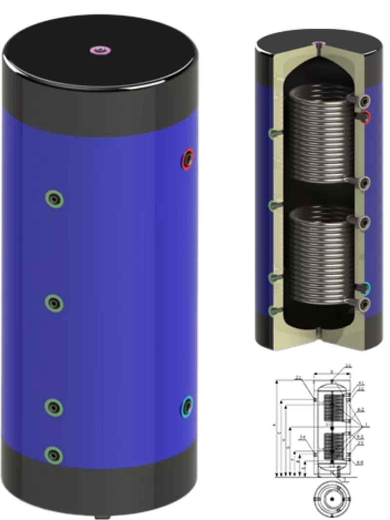 Буферная емкость с изоляцией и 2 змеевиками